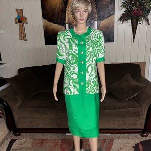 Gene Roye • Vintage • Silk • Lime Green / White • Geometric • Size 12 • Dress